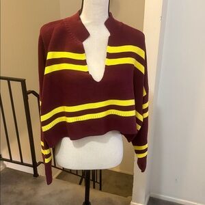 AKIRA Burgundy V-Neck Cropped Sweater with Yellow Stripes